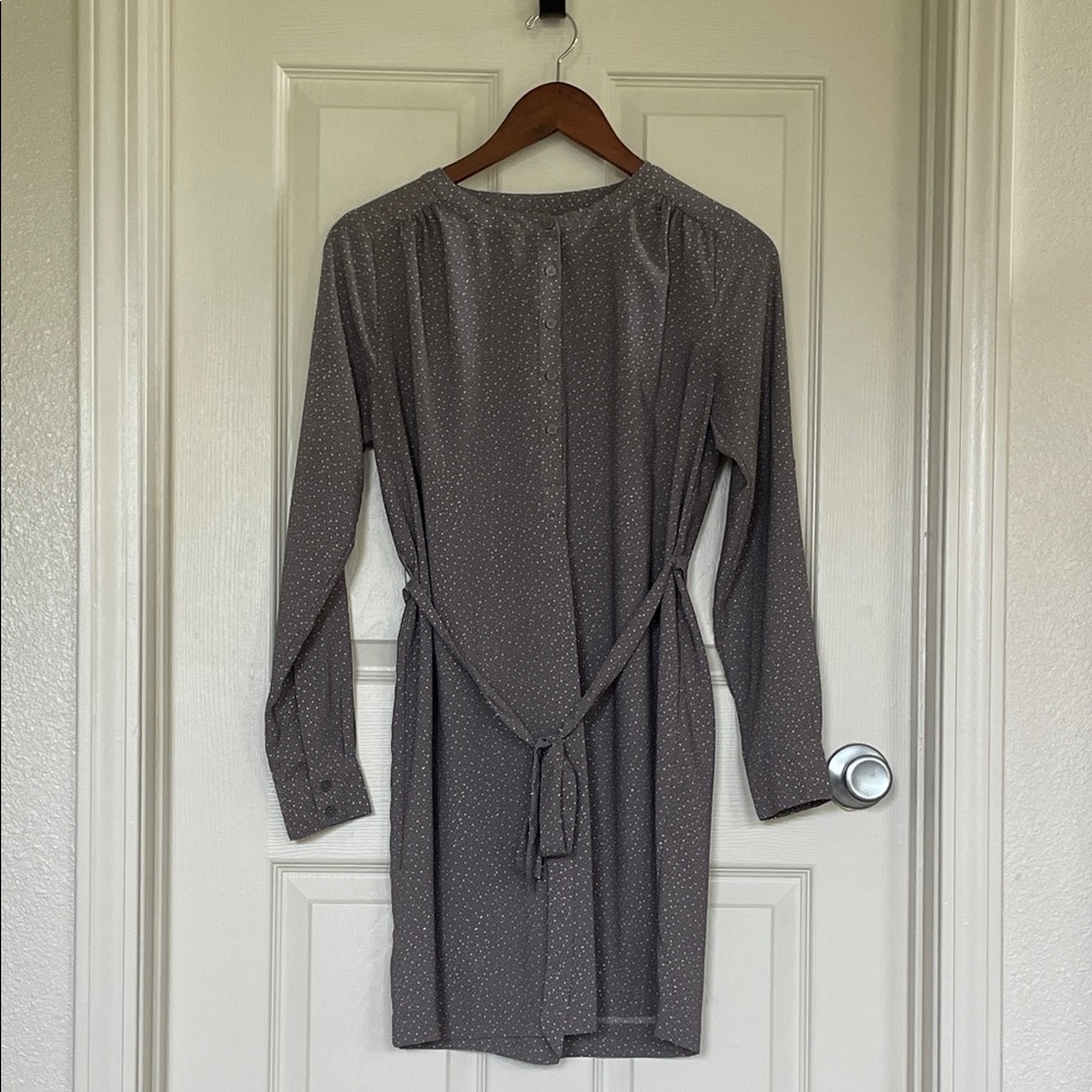 LOFT Gray Micro-Dot Long-Sleeve Dress